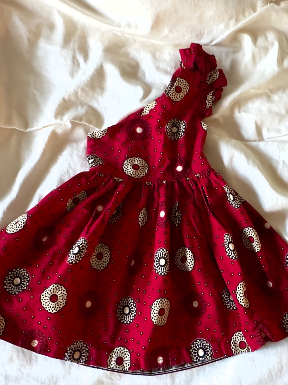 MaChere Boutique Shoulder Ruffle Dress - Red African Wax Print, Toddler Size 2-3